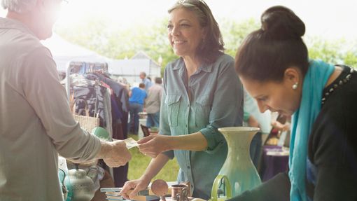 woman hosting garage sale 